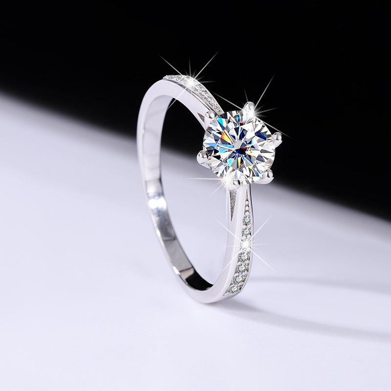 s925Sterling Silver Moissanite Korean Style Six-Prong Ring Women's Ring Six-Prong Classic Crown Proposal Ring Manufacturer Wholesale