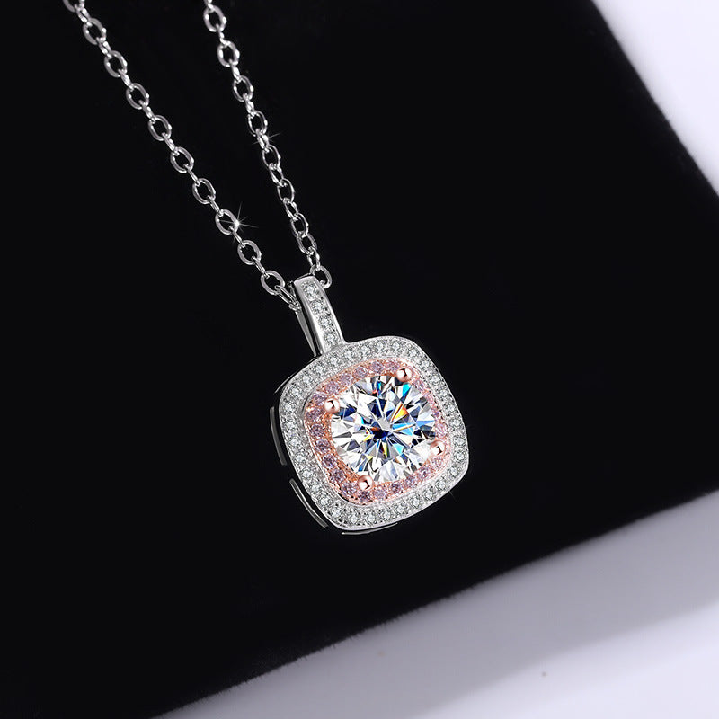 Exclusive for cross-border S925Sterling Silver Square Pendant Necklace for Women with Micro Pave Moissanite Diamond Pendant Clavicle Chain Wholesale for Live Streaming