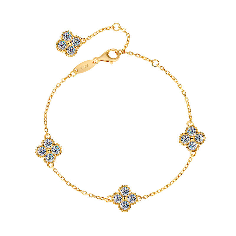 S925Silver Moissanite Four-Leaf Clover Bracelet Moissanite Simple Women's Bracelet TikTok Kuaishou Live Streaming Factory Direct Sale