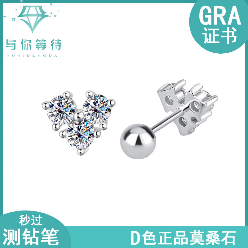 S925Silver Moissanite Heart Simple Clover Screw Earrings for Women Light Luxury Moissanite Jewelry Factory Wholesale