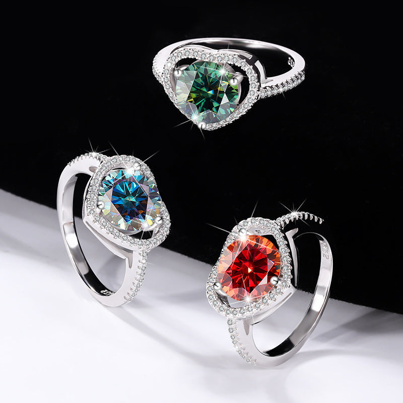 Exclusive for cross-border S925Silver Heart Women's Ring Colorful Moissanite Ring Women's Pure Silver White Gold Diamond Simulated Diamond Wholesale