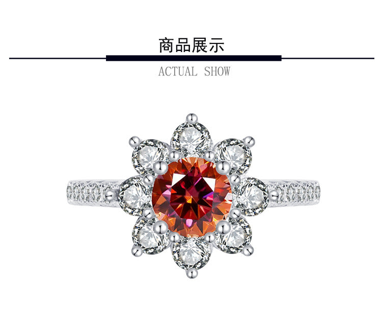 S925Sterling Silver Colorful Moissanite Ring for Women Sunflower Flower Diamond Ring TikTok Live Streaming Source Dropshipping