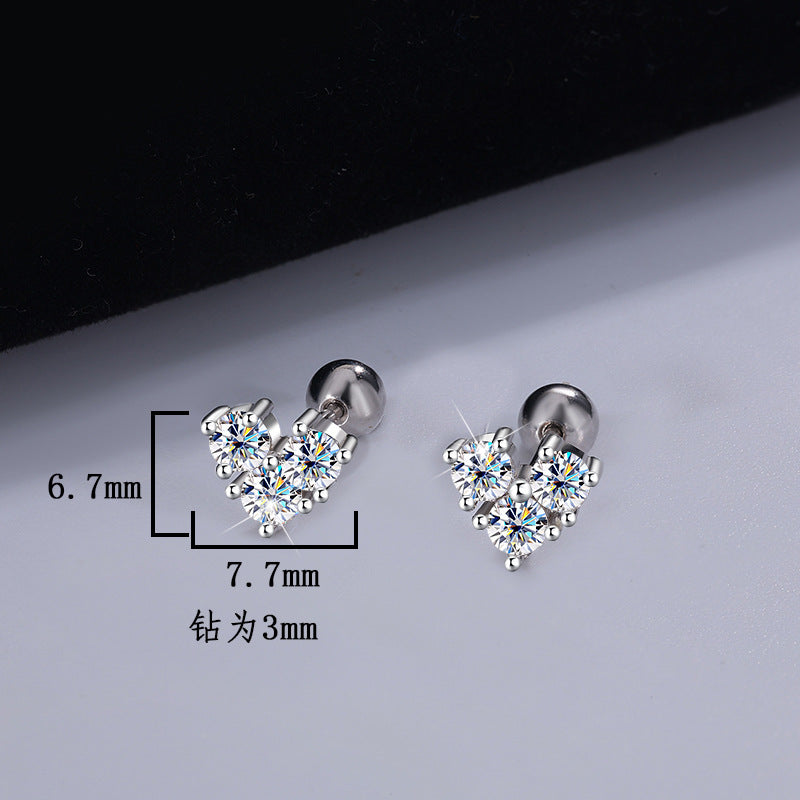 S925Silver Moissanite Heart Simple Clover Screw Earrings for Women Light Luxury Moissanite Jewelry Factory Wholesale