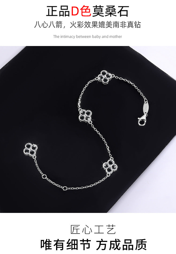 Cross-Border S925Silver Black Moissanite Four-leaf Clover Bracelet Moissanite Simple High-end Women's Bracelet Factory Direct Sale