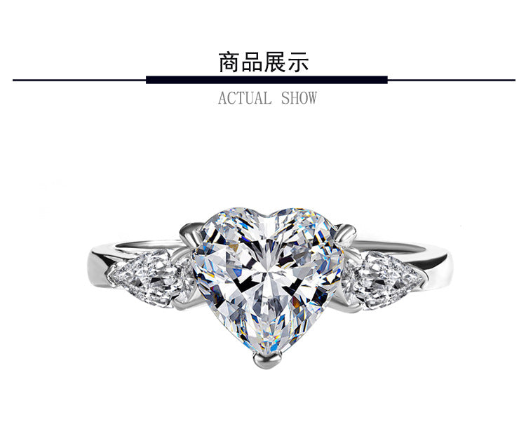 Exclusive for cross-border925Sterling Silver Plated pt950Platinum Inlaid Heart-shaped Moissanite Diamond Ring Proposal Interstitial Ring Wholesale