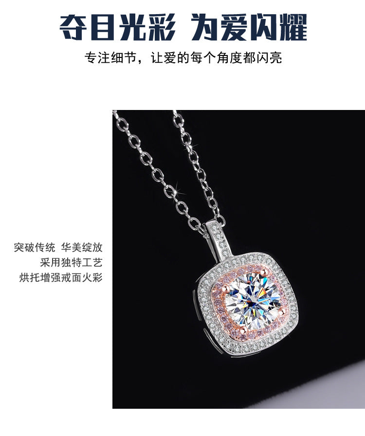 Exclusive for cross-border S925Sterling Silver Square Pendant Necklace for Women with Micro Pave Moissanite Diamond Pendant Clavicle Chain Wholesale for Live Streaming