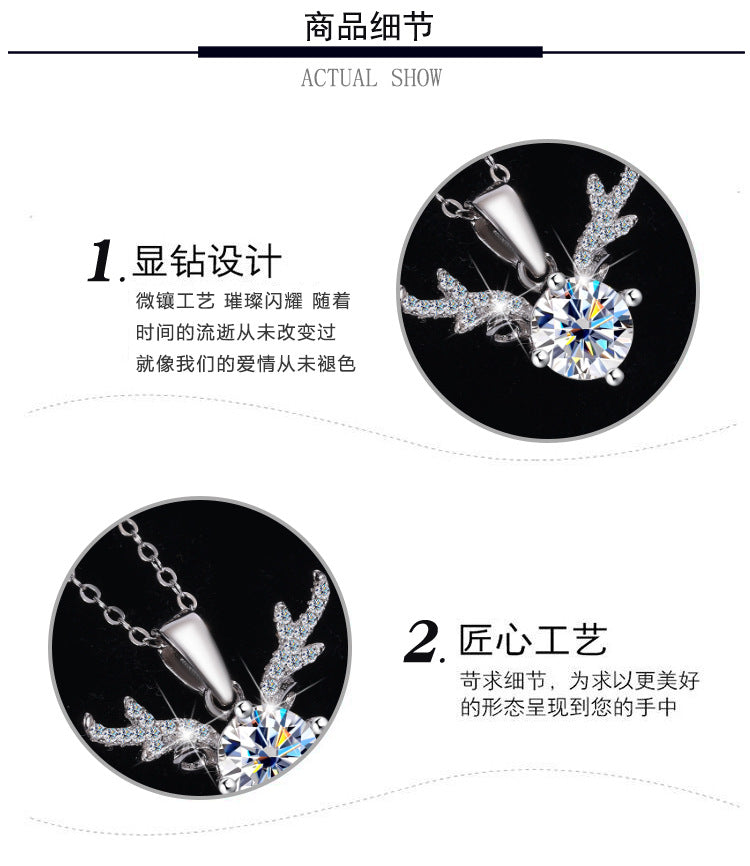 Cross-border Factory Wholesale S925Sterling Silver Moissanite Necklace with Deer Antler Pendant Fashionable High-end Versatile