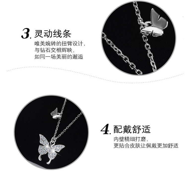 Cross-border hot selling S925Sterling Silver Butterfly Necklace for Women Korean Version Versatile Light Luxury Style Collarbone Chain Personality Fashion Wholesale
