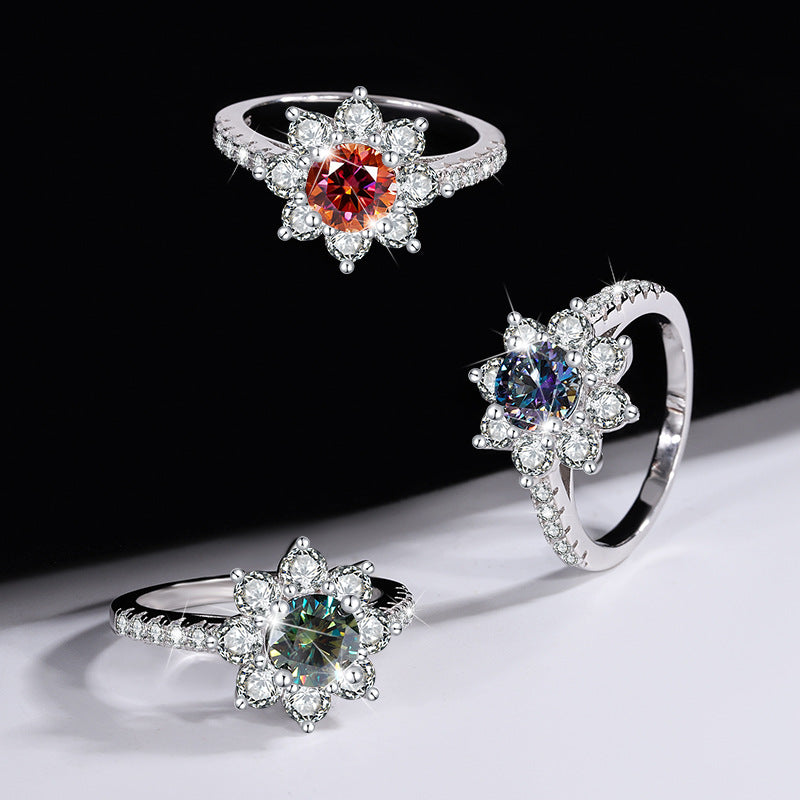 S925Sterling Silver Colorful Moissanite Ring for Women Sunflower Flower Diamond Ring TikTok Live Streaming Source Dropshipping