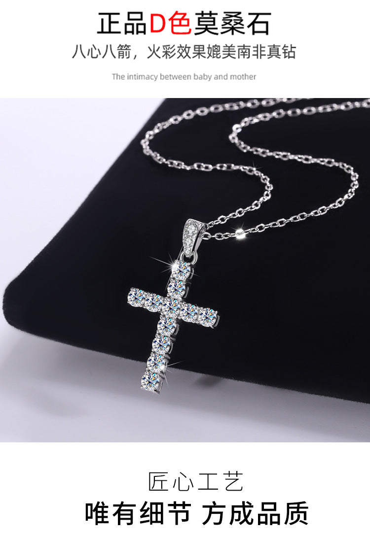 Exclusive for cross-border S925Sterling Silver Cross Necklace for Women with Moissanite Diamond Pendant, Popular Collarbone Chain for Live Streaming Wholesale