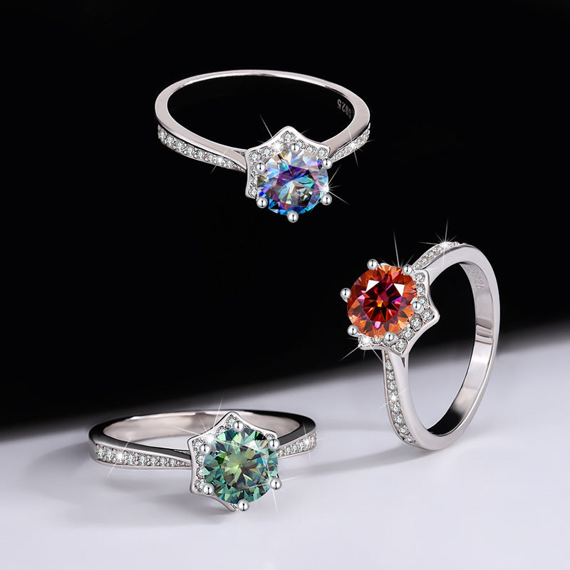 S925Sterling Silver Colorful Moissanite Hexagram Diamond Ring for Women Couple Rings Wedding Proposal Birthday Gift for Girlfriend