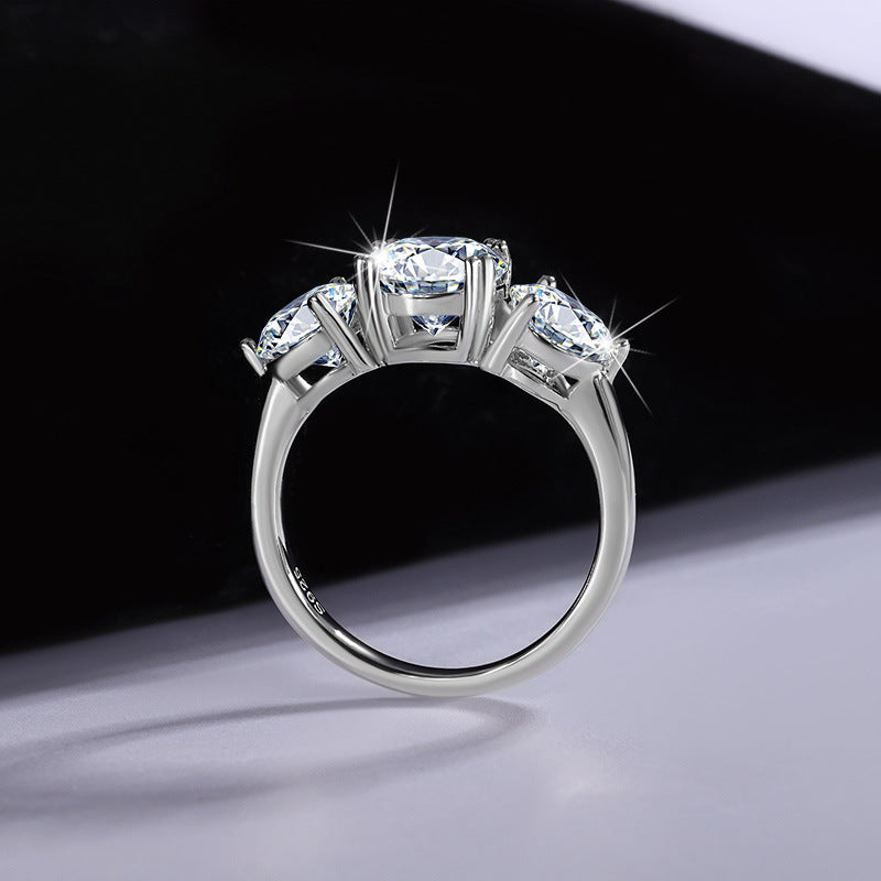 Cross-Border Europe and America S925Silver Moissanite Three Lives Stone4Carat Ring Fashion Light Luxury Style Women's Wedding Ring Wholesale