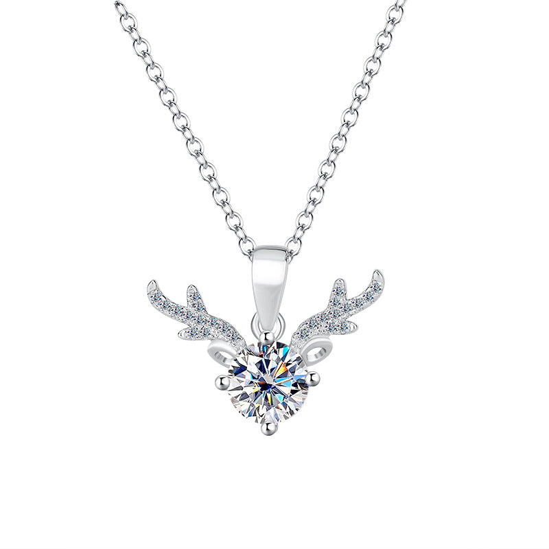 Cross-border Factory Wholesale S925Sterling Silver Moissanite Necklace with Deer Antler Pendant Fashionable High-end Versatile