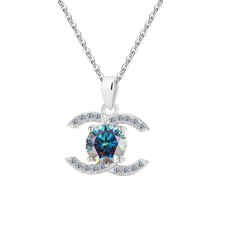 Europe and america cross border S925Pure Silver Moissanite Double C Pendant Chanel Style Elegant Versatile Full Diamond Necklace Factory Wholesale