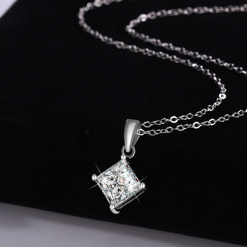 Cross-border hot selling S925Sterling Silver Princess Cut Moissanite Pendant Necklace for Women Collarbone Chain Pendant Valentine's Day Gift