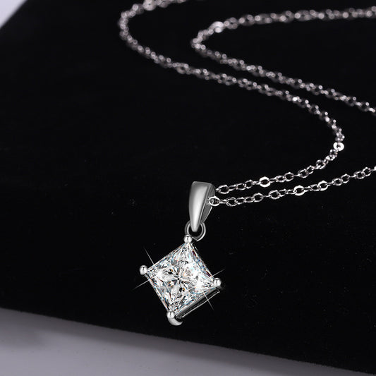 Cross-border hot selling S925Sterling Silver Princess Cut Moissanite Pendant Necklace for Women Collarbone Chain Pendant Valentine's Day Gift