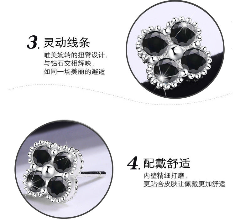 Cross-border hot S925Sterling Silver Black Moissanite Four-Leaf Clover Earrings Light Luxury High-End Jewelry Flower Full Diamond Wholesale
