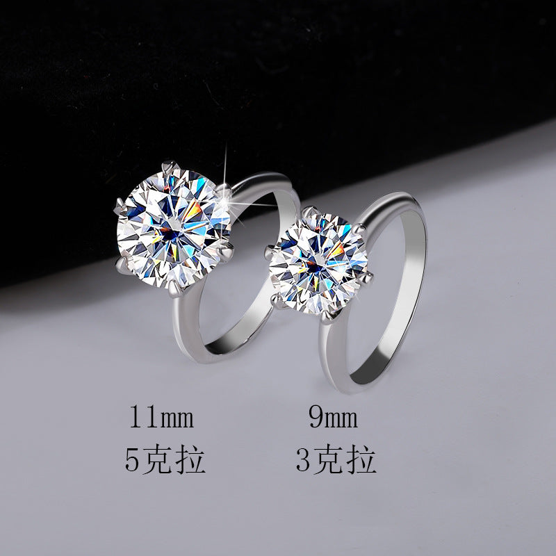 Cross-Border S925Silver T Six-Claw Moissanite3Carat5Carat Ring Classic Six-Prong Crown Proposal Ring Wholesale