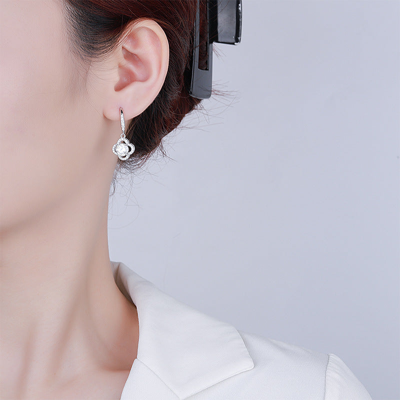 Cross-Border S925Sterling Silver Moissanite Four-Leaf Clover Ear Hooks Xiaohongshu Earrings Cluster Full Diamond Elegant Simple Women's Ear Jewelry