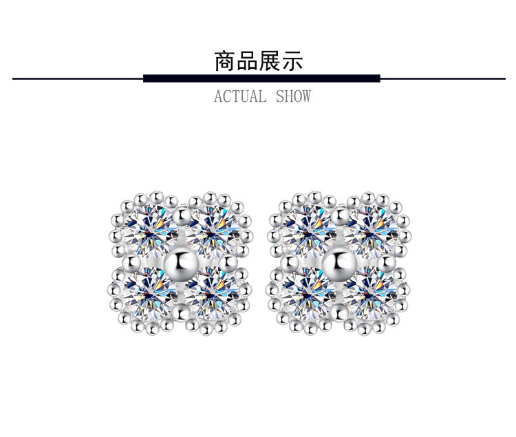 S925Sterling Silver Moissanite Clover Earrings for Women, Light Luxury Niche High-end Flower Full Diamond Xiaohongshu Hot Style