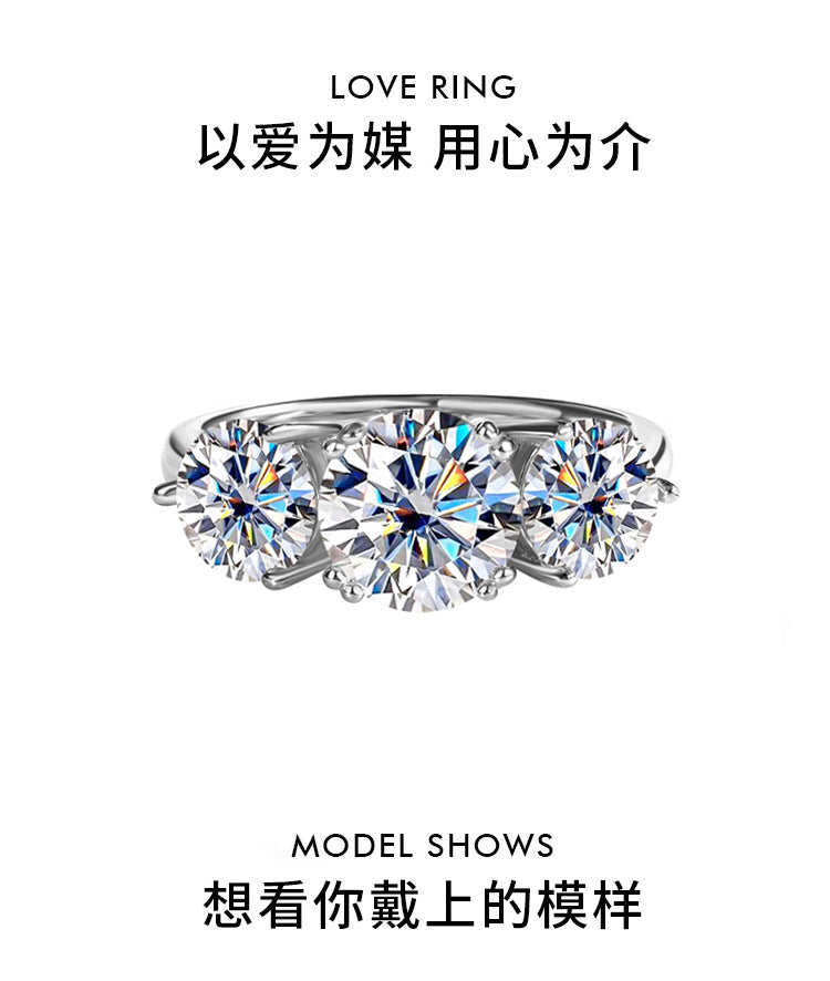 Cross-Border Europe and America S925Silver Moissanite Three Lives Stone4Carat Ring Fashion Light Luxury Style Women's Wedding Ring Wholesale