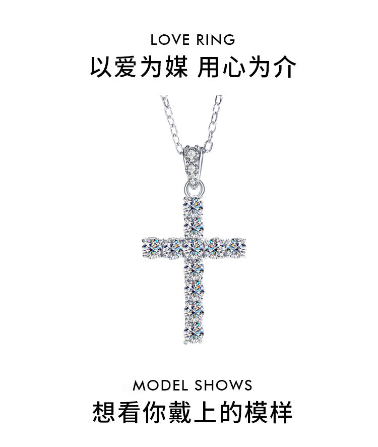 Exclusive for cross-border S925Sterling Silver Cross Necklace for Women with Moissanite Diamond Pendant, Popular Collarbone Chain for Live Streaming Wholesale