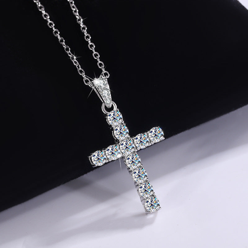 Exclusive for cross-border S925Sterling Silver Cross Necklace for Women with Moissanite Diamond Pendant, Popular Collarbone Chain for Live Streaming Wholesale