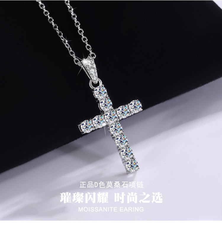 Exclusive for cross-border S925Sterling Silver Cross Necklace for Women with Moissanite Diamond Pendant, Popular Collarbone Chain for Live Streaming Wholesale