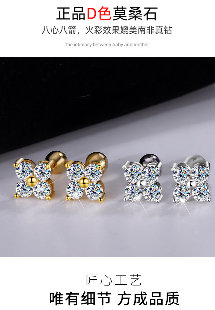 Europe and america cross border S925Sterling Silver Moissanite Four-Leaf Clover Screw Earrings Light Luxury High-End Jewelry Flower Full Diamond Wholesale