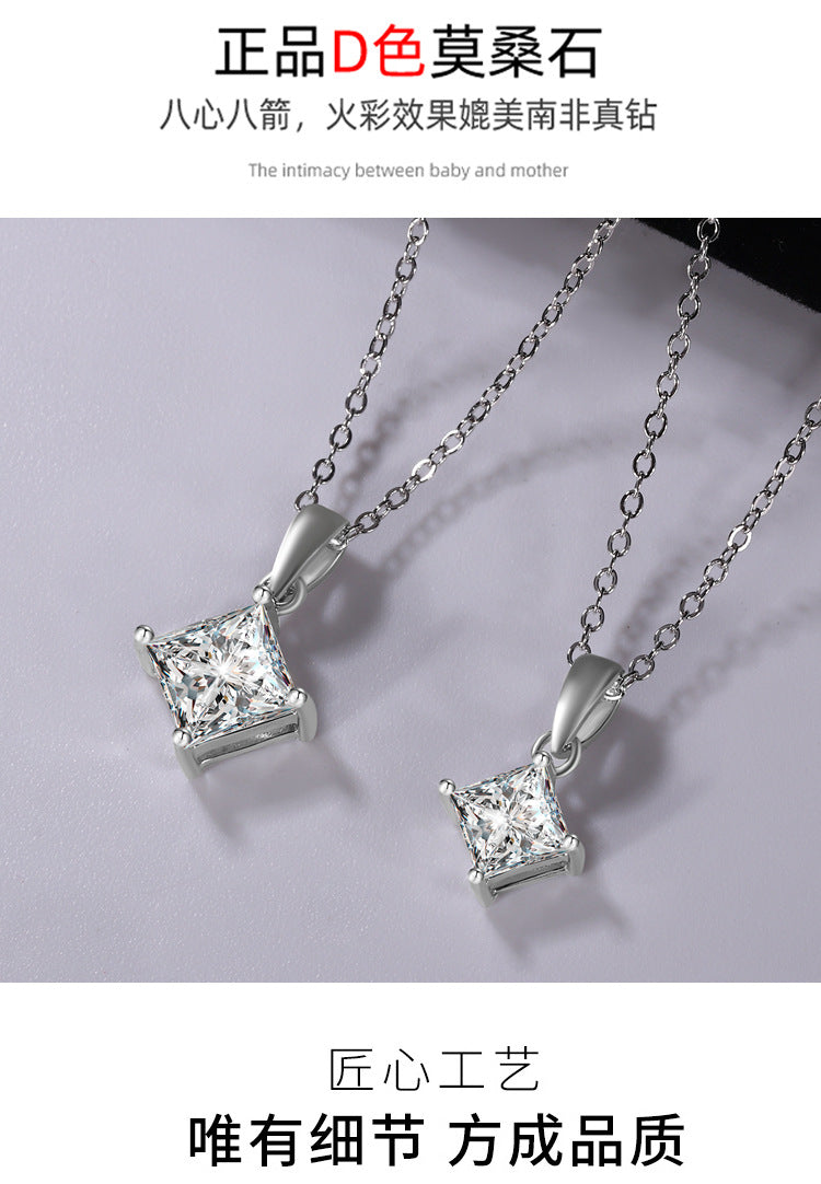 Cross-border hot selling S925Sterling Silver Princess Cut Moissanite Pendant Necklace for Women Collarbone Chain Pendant Valentine's Day Gift
