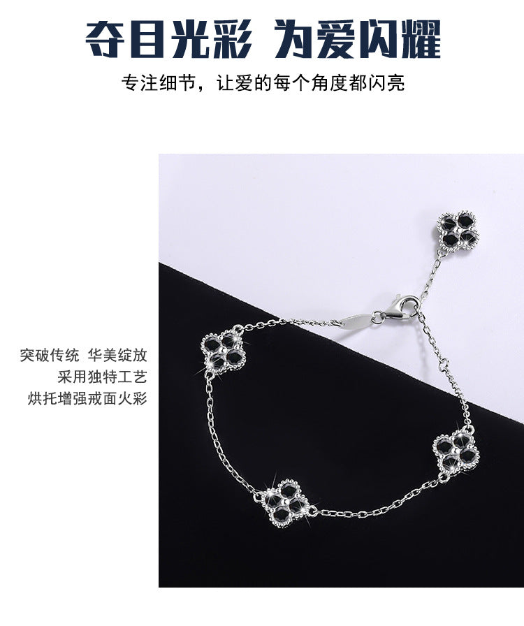 Cross-Border S925Silver Black Moissanite Four-leaf Clover Bracelet Moissanite Simple High-end Women's Bracelet Factory Direct Sale