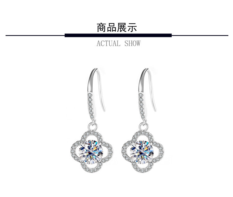 Cross-Border S925Sterling Silver Moissanite Four-Leaf Clover Ear Hooks Xiaohongshu Earrings Cluster Full Diamond Elegant Simple Women's Ear Jewelry