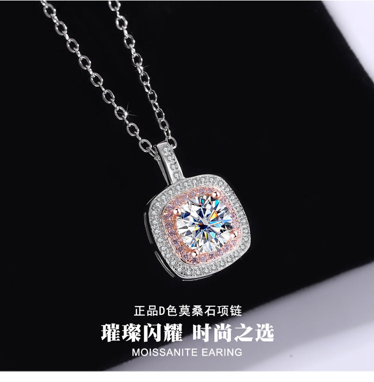 Exclusive for cross-border S925Sterling Silver Square Pendant Necklace for Women with Micro Pave Moissanite Diamond Pendant Clavicle Chain Wholesale for Live Streaming