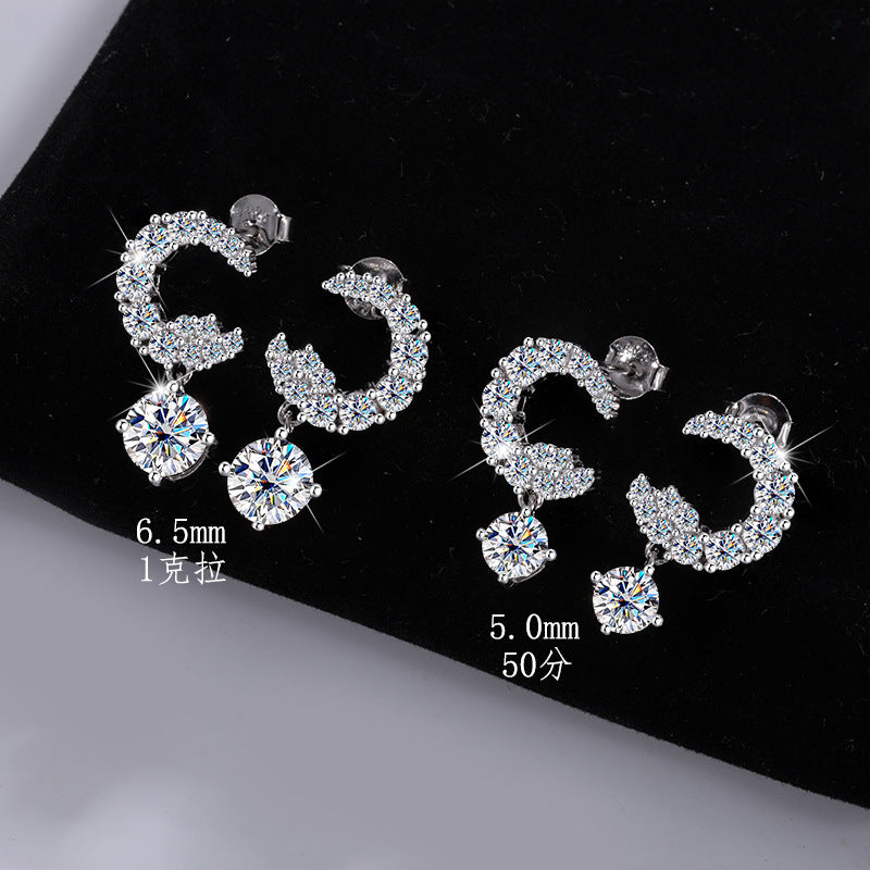 Best seller in europe and america S925Sterling Silver Moissanite Small Moon Earrings Simple Studs Inlaid with Diamonds Light Luxury Earrings Factory Wholesale