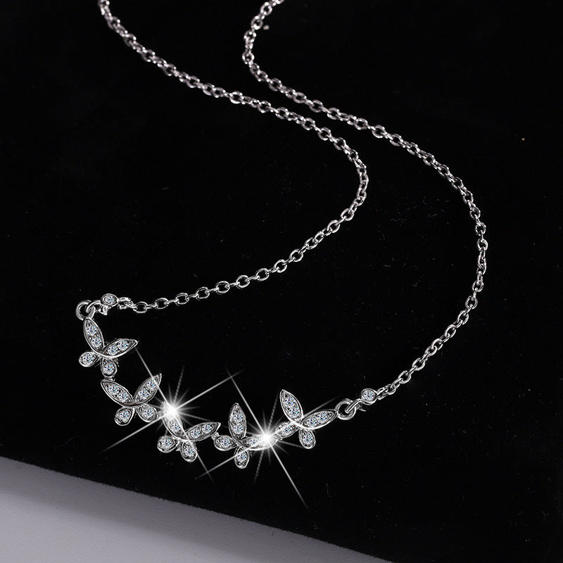 Cross-border hot selling S925Sterling Silver Butterfly Clover Full Diamond Moissanite Necklace for Women Collarbone Chain Clover Sweater Chain