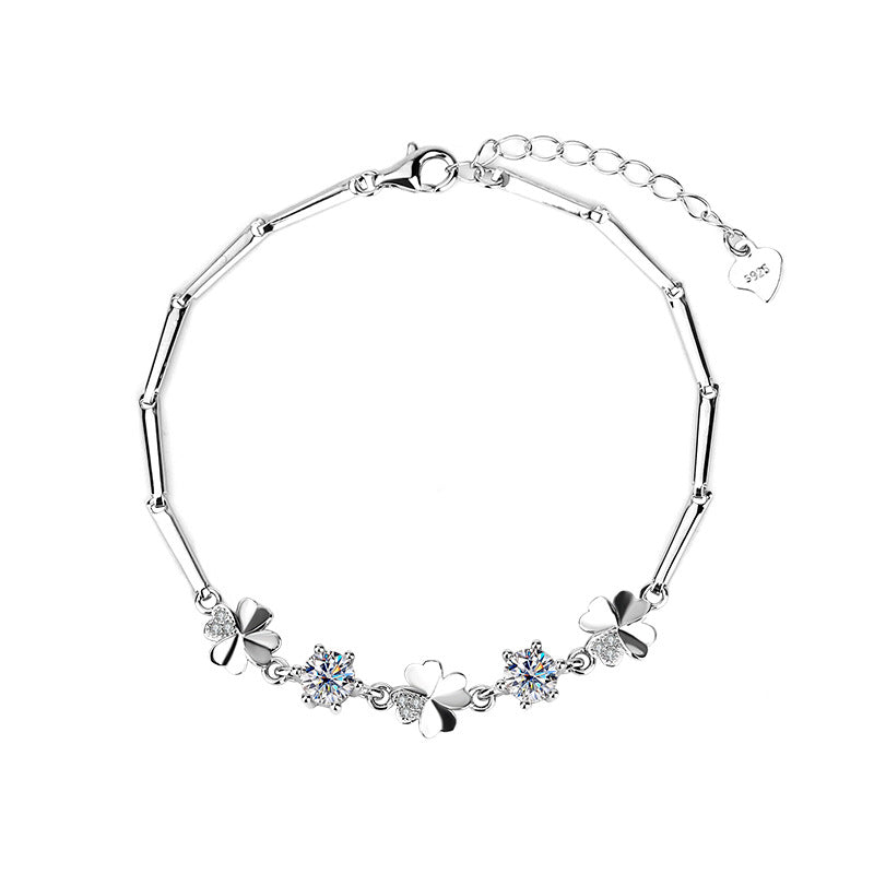 New S925Sterling Silver Moissanite Four-Leaf Clover Bracelet Fashion Women's Bracelet TikTok Kuaishou Live Streaming Factory Direct Sale