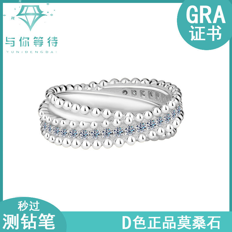 Cross-Border S925Sterling Silver Kaleidoscope Bead Edge Twist Arm Cross Full Diamond Moissanite Ring for Women Starry Sky Versatile Band Ring