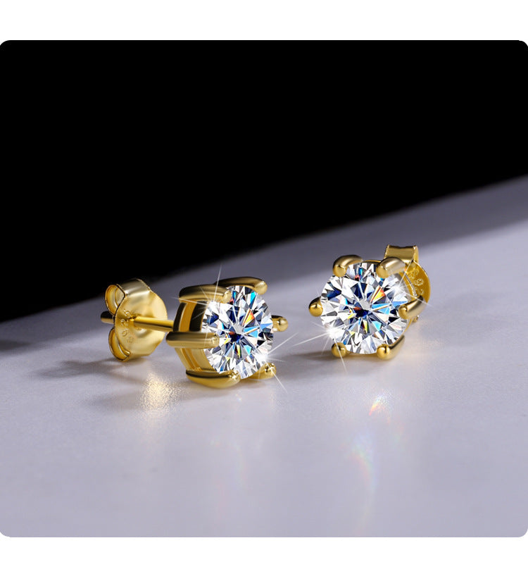 Cross-Border925Sterling Silver Gold Plated Moissanite Six-Prong Earrings1Clamosanite Gift Earrings Factory Wholesale