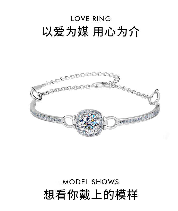 Cross-Border Europe and America S925Pure Silver Luxury Square Bracelet Moissanite Diamond Bangle Fashion High-end Moissanite Bracelet Wholesale