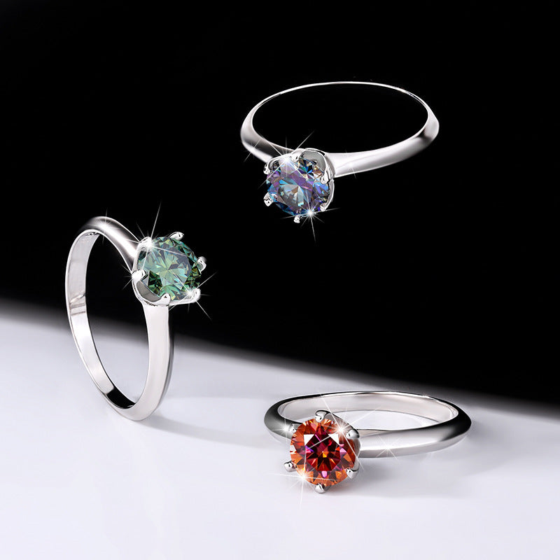 S925Sterling Silver Ring T Home Six-Prong Colorful Moissanite Women's Ring Classic Six-Prong Diamond Ring Proposal Ring Wholesale