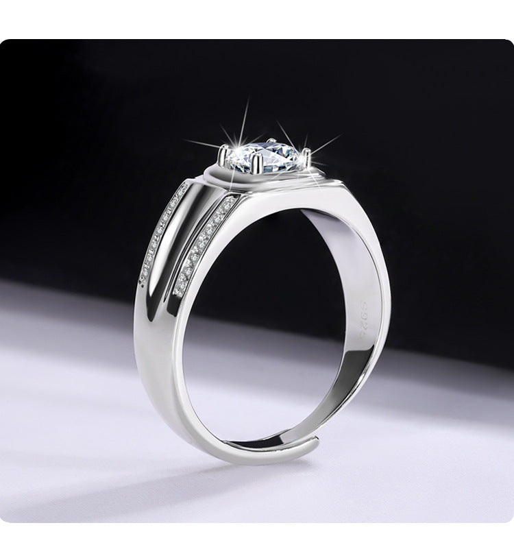 Source Manufacturer S925Pure Silver Moissanite Men's Ring1Carat Double Row Micro Inlaid Large Men's Ring Luxury European and American Fashion