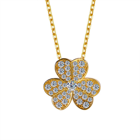 Cross-Border S925Sterling Silver Three-Petal Flower Necklace for Women, Moissanite Full Diamond Clover Floral Necklace, Qixi Valentine's Day Gift Direct Sale