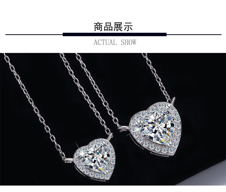 Cross-border hot S925Sterling Silver Heart Pendant Moissanite Heart Necklace for Women High-end Collarbone Chain Factory Wholesale