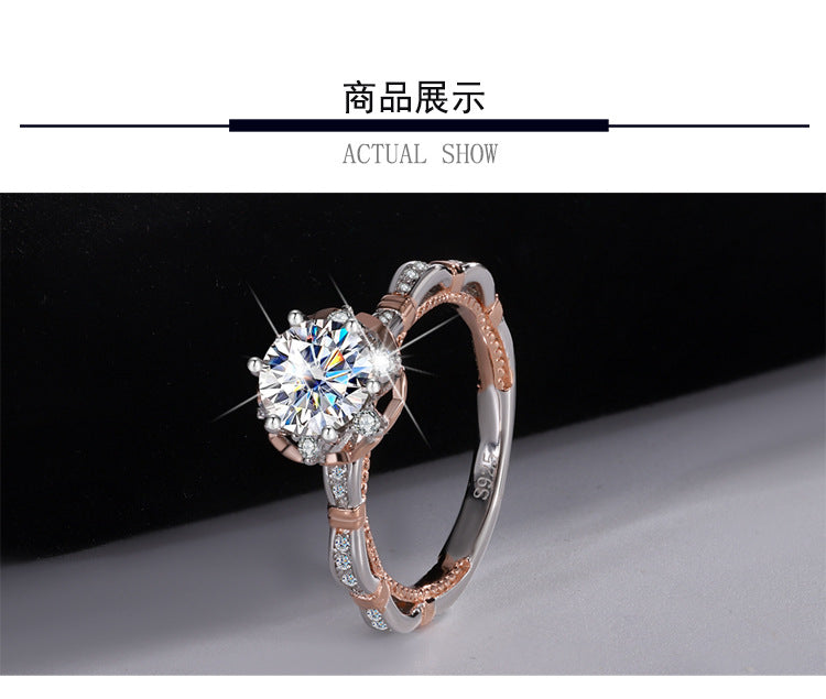 Europe and america cross border S925Sterling Silver Moissanite Princess Rose Handheld Flower Diamond Ring Six-Prong Luxury Cluster Setting Color-Blocked Women's Ring