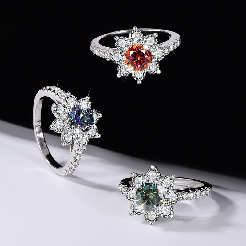 S925Sterling Silver Colorful Moissanite Ring for Women Sunflower Flower Diamond Ring TikTok Live Streaming Source Dropshipping