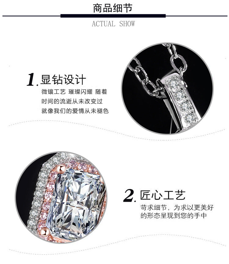 Cross-Border S925Sterling Silver Necklace Color-Blocked Square Bag Sugar Cube Radiant Moissanite Diamond Pendant Collarbone Chain Live Wholesale