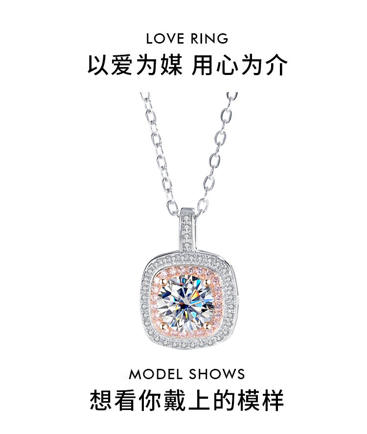 Exclusive for cross-border S925Sterling Silver Square Pendant Necklace for Women with Micro Pave Moissanite Diamond Pendant Clavicle Chain Wholesale for Live Streaming