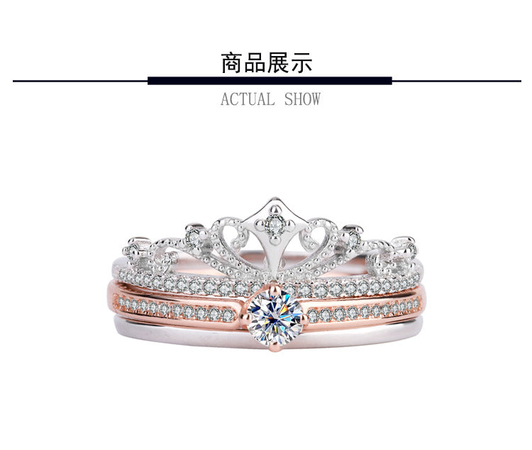 Cross-Border Exclusive Pure Silver Moissanite Castle Fireworks Layered Double Rose Gold Color-Blocked Women's Diamond Ring Factory Wholesale