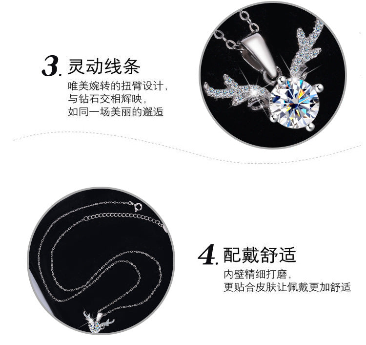 Cross-border Factory Wholesale S925Sterling Silver Moissanite Necklace with Deer Antler Pendant Fashionable High-end Versatile