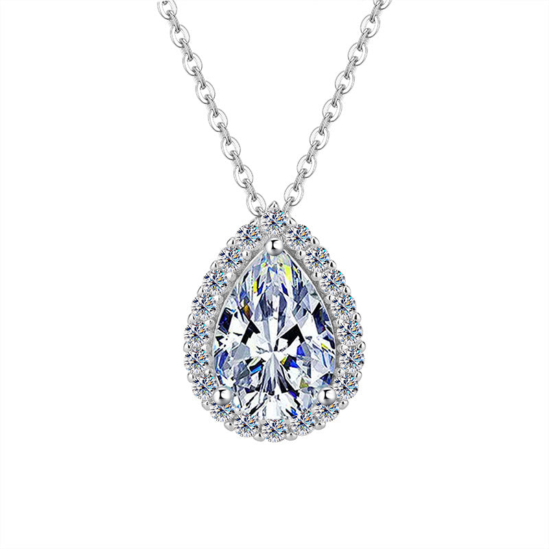 Cross-border hot selling S925Sterling Silver Water Drop Pendant Moissanite Pear Necklace for Women Simple Collarbone Chain Factory Wholesale